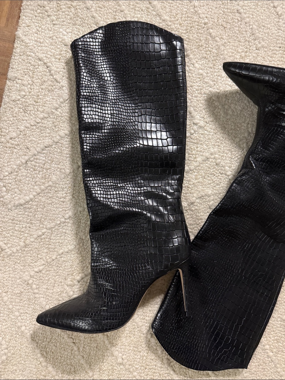 Schutz 37.5 Black Croc-Embossed Knee-High Pointed Toe Stiletto Boots